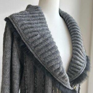 Joseph Ribkoff Dark Heather Grey Faux-Fur Shawl Collar Long Coatigan – US L